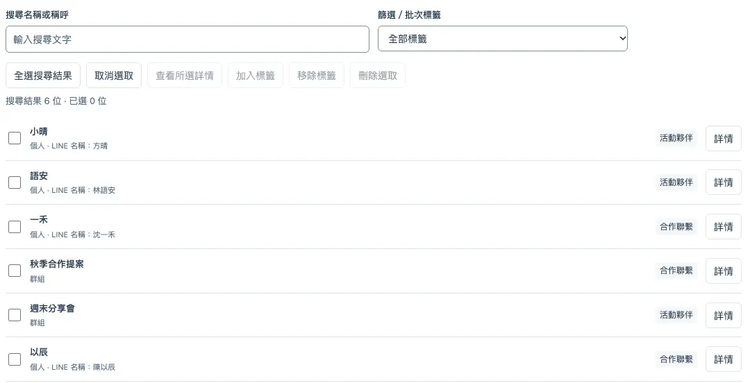 FollowMate 聯絡人名單,可搜尋好友與群組、篩選標籤及查看自訂稱呼。示範資料。